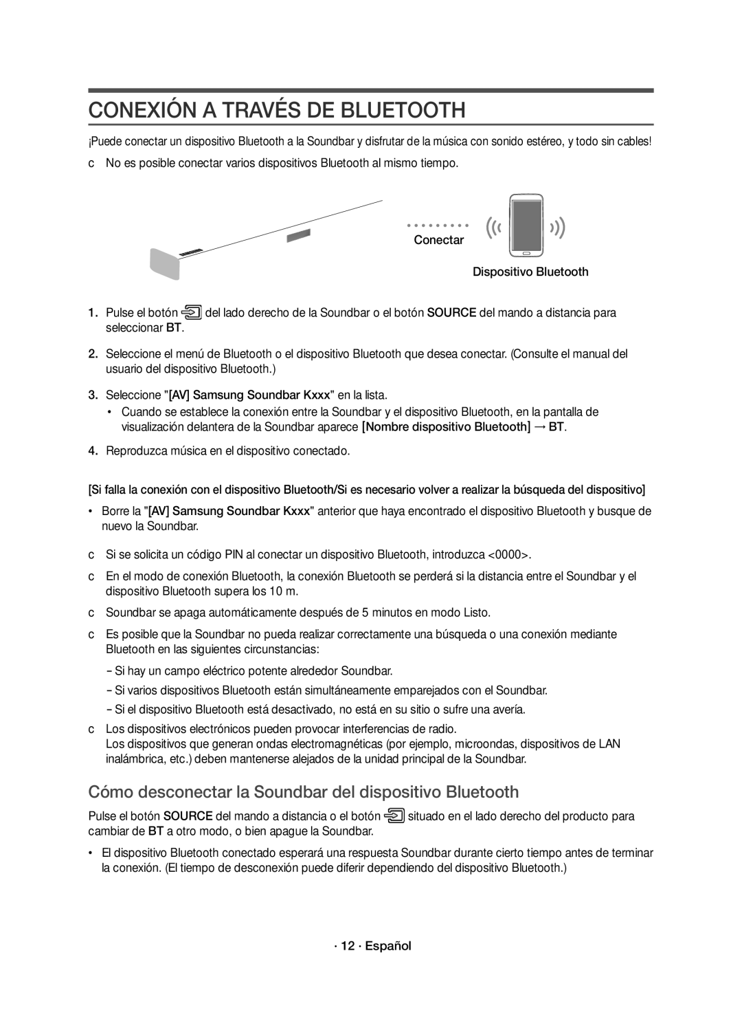 Samsung HW-K651/ZF Conexión a Través DE Bluetooth, Cómo desconectar la Soundbar del dispositivo Bluetooth, · 12 · Español 