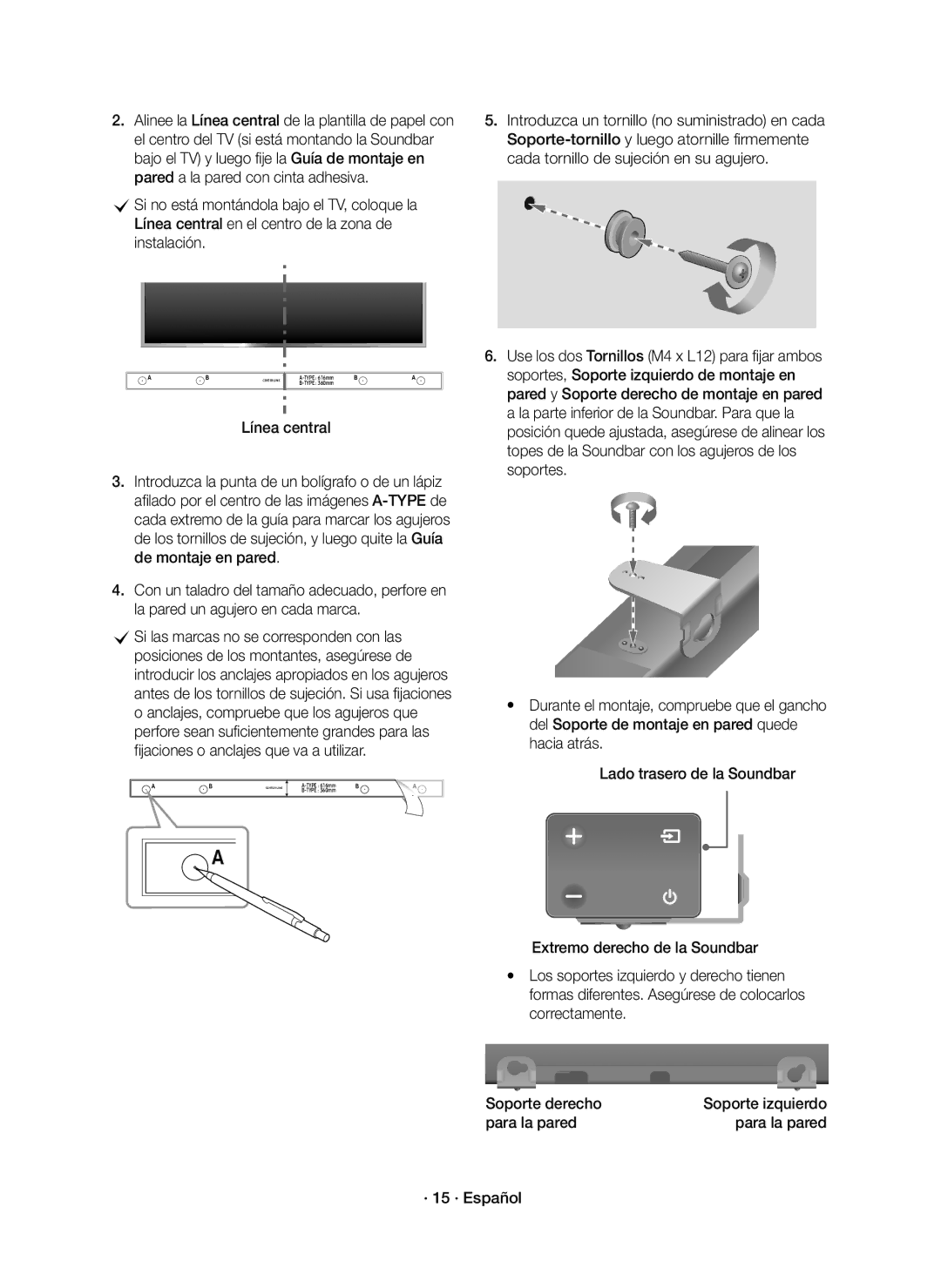 Samsung HW-K650/ZF, HW-K651/ZF manual Línea central, Correctamente, Soporte derecho, Para la pared · 15 · Español 