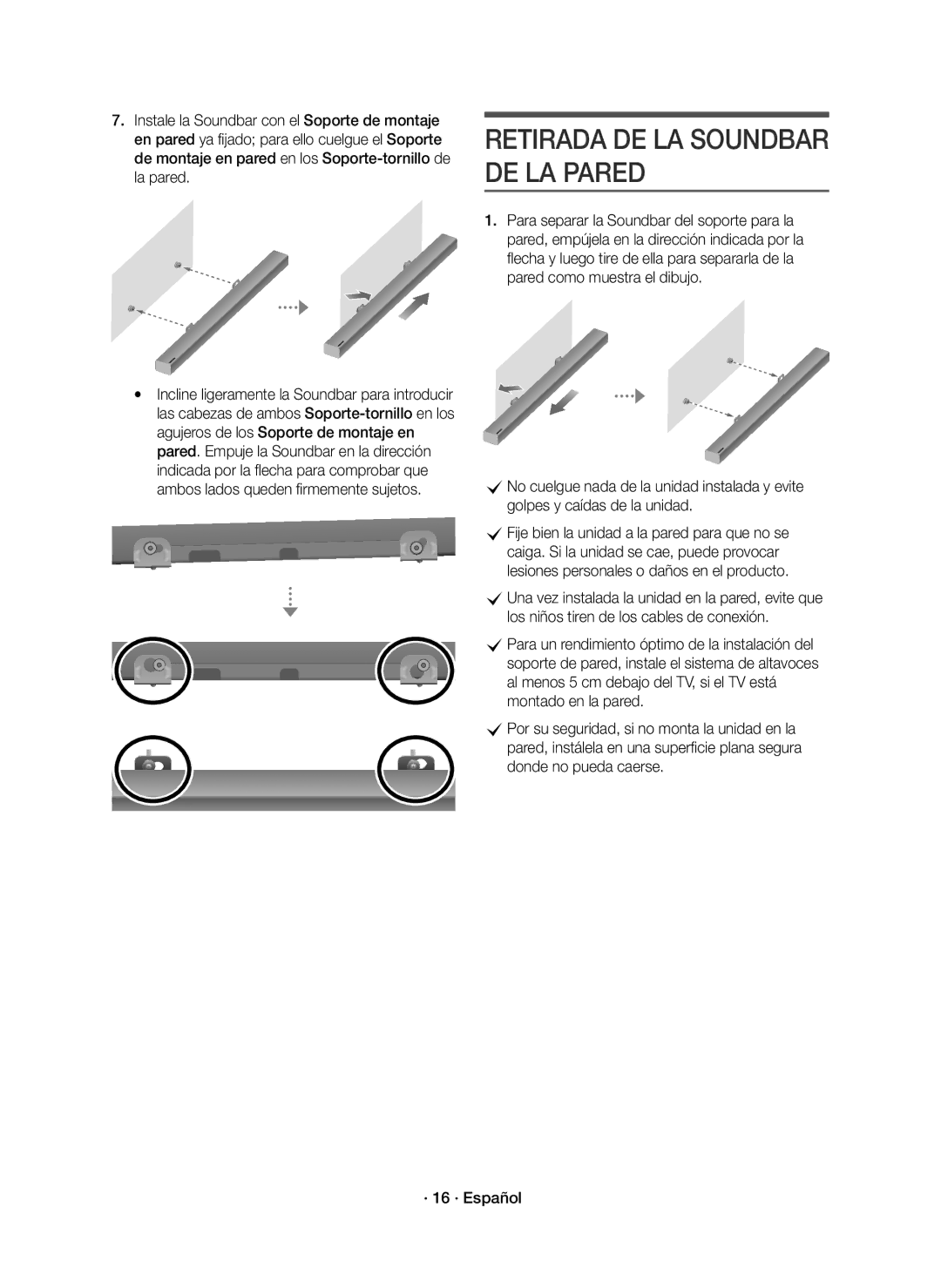 Samsung HW-K651/ZF, HW-K650/ZF manual Retirada DE LA Soundbar DE LA Pared 