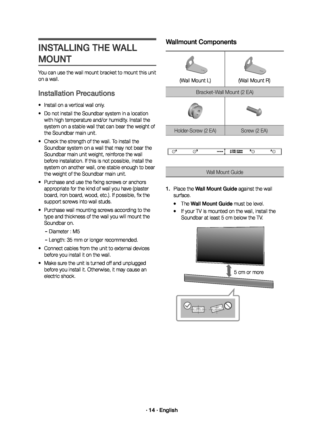 Samsung HW-K651/ZF, HW-K650/ZF manual Installing The Wall Mount, Installation Precautions, Wallmount Components 