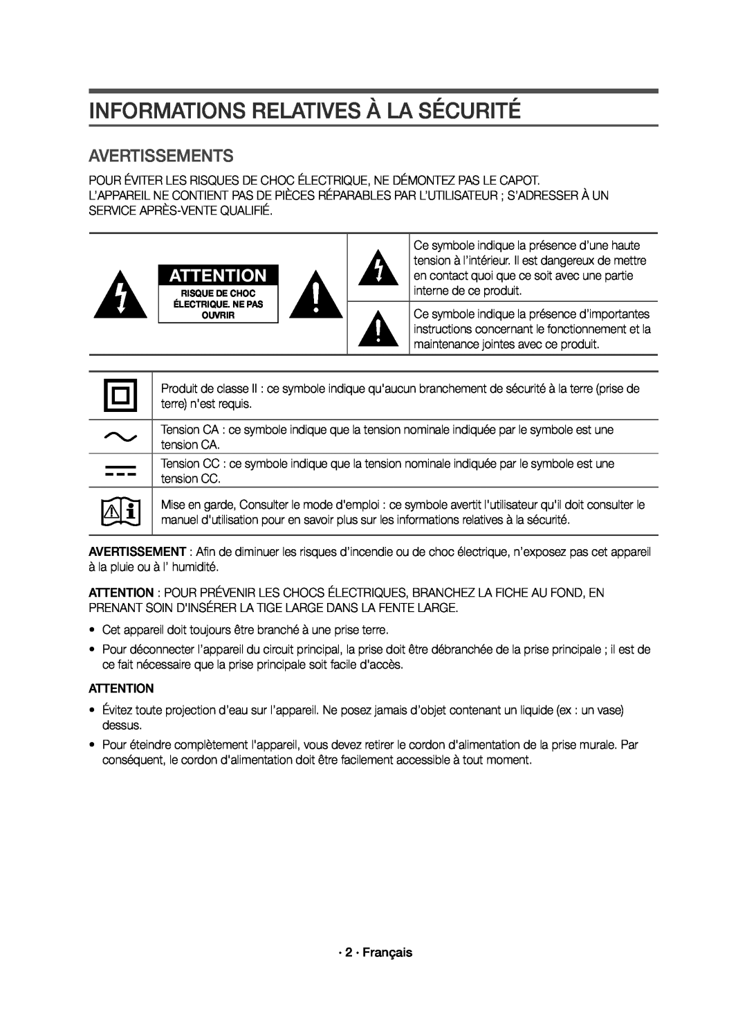 Samsung HW-K651/ZF, HW-K650/ZF manual Informations Relatives À La Sécurité, Avertissements 