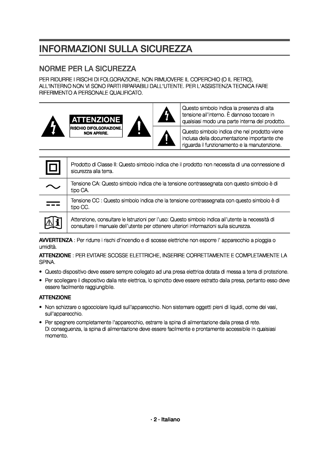 Samsung HW-K651/ZF, HW-K650/ZF manual Informazioni Sulla Sicurezza, Norme Per La Sicurezza, Attenzione 