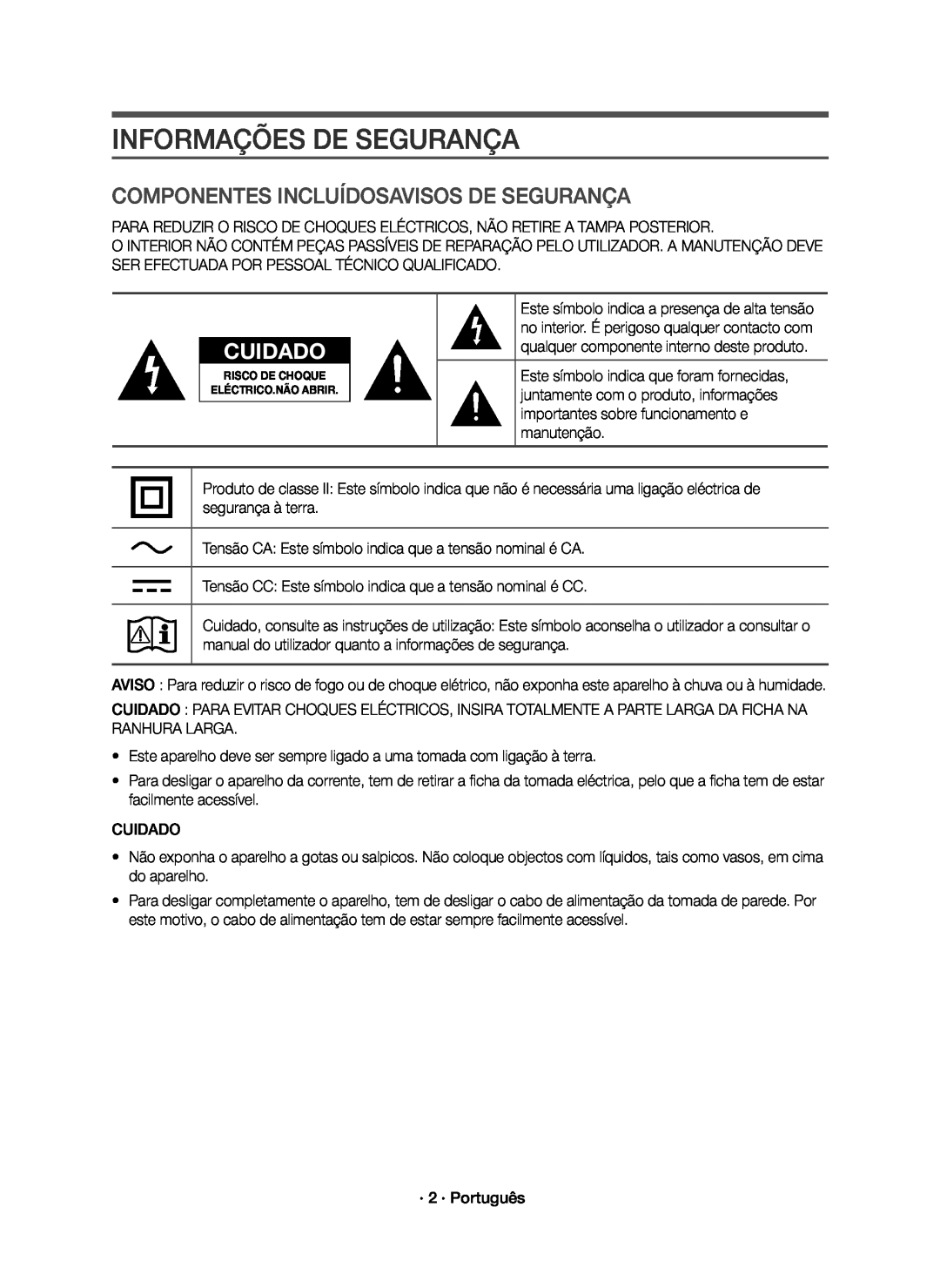 Samsung HW-K651/ZF, HW-K650/ZF manual Informações De Segurança, Componentes Incluídosavisos De Segurança, Cuidado 