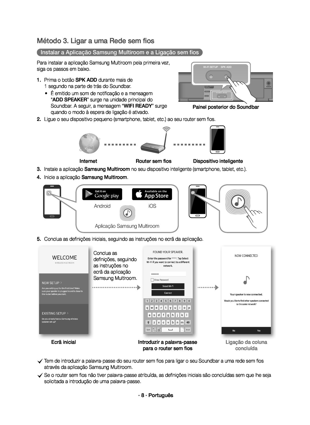 Samsung HW-K651/ZF manual Método 3. Ligar a uma Rede sem fios, Instalar a Aplicação Samsung Multiroom e a Ligação sem fios 