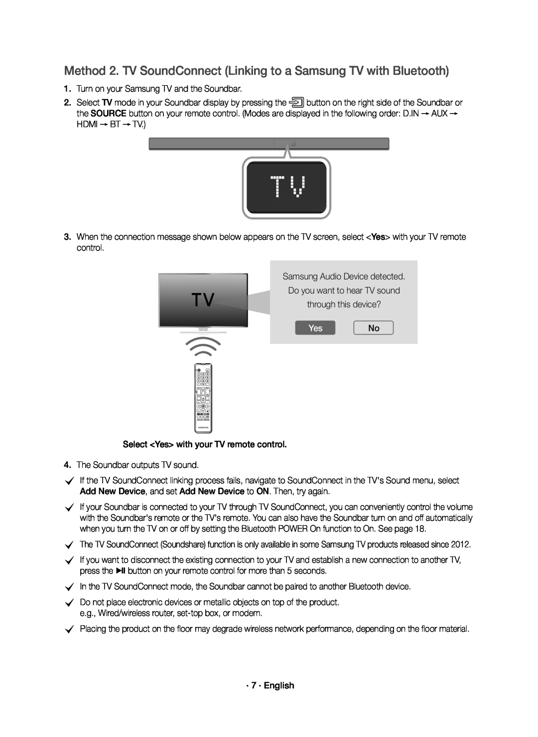 Samsung HW-K650/ZF, HW-K651/ZF manual Method 2. TV SoundConnect Linking to a Samsung TV with Bluetooth, YesNo 