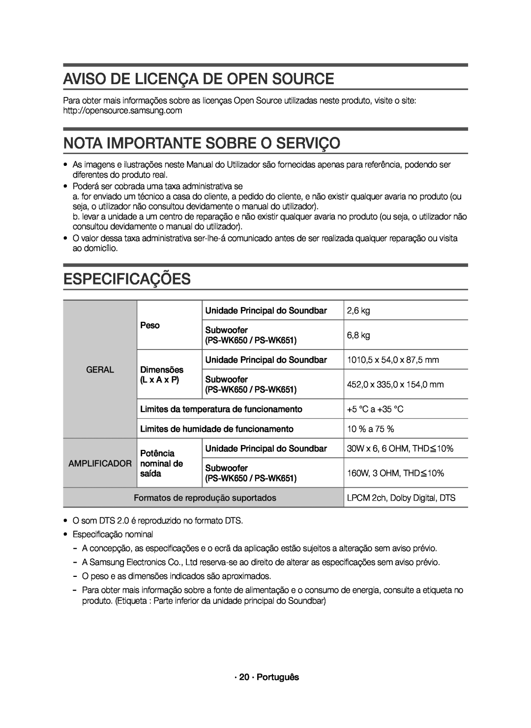 Samsung HW-K651/ZF, HW-K650/ZF Aviso De Licença De Open Source, Nota Importante Sobre O Serviço, Especificações, Geral 