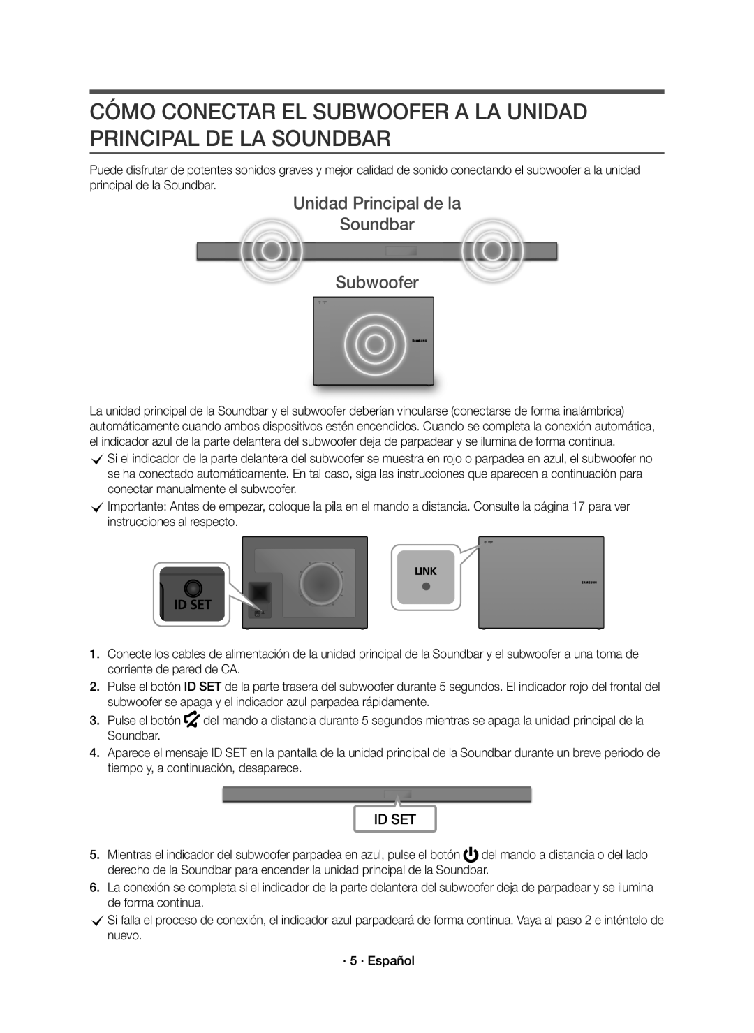 Samsung HW-K650/ZF, HW-K651/ZF manual Cómo Conectar El Subwoofer A La Unidad Principal De La Soundbar, Id Set 