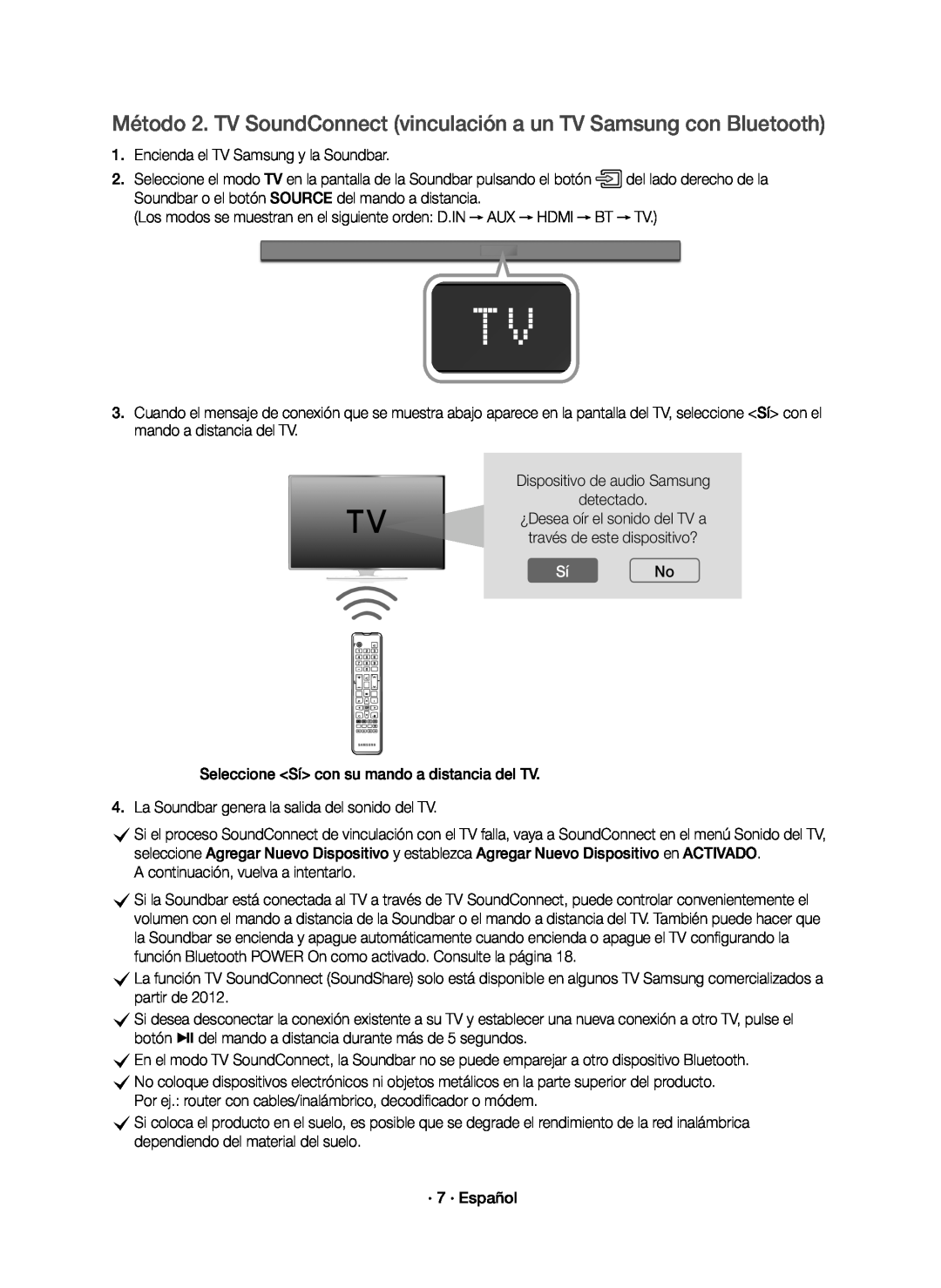 Samsung HW-K650/ZF, HW-K651/ZF manual Método 2. TV SoundConnect vinculación a un TV Samsung con Bluetooth, SíNo 