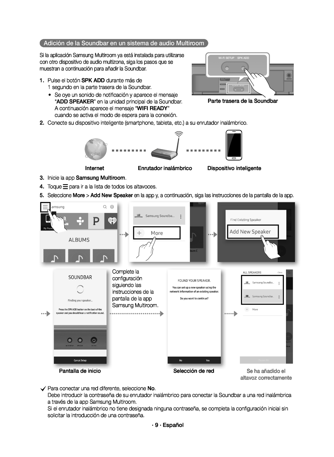 Samsung HW-K650/ZF manual Adición de la Soundbar en un sistema de audio Multiroom, Selección de red, Pantalla de inicio 