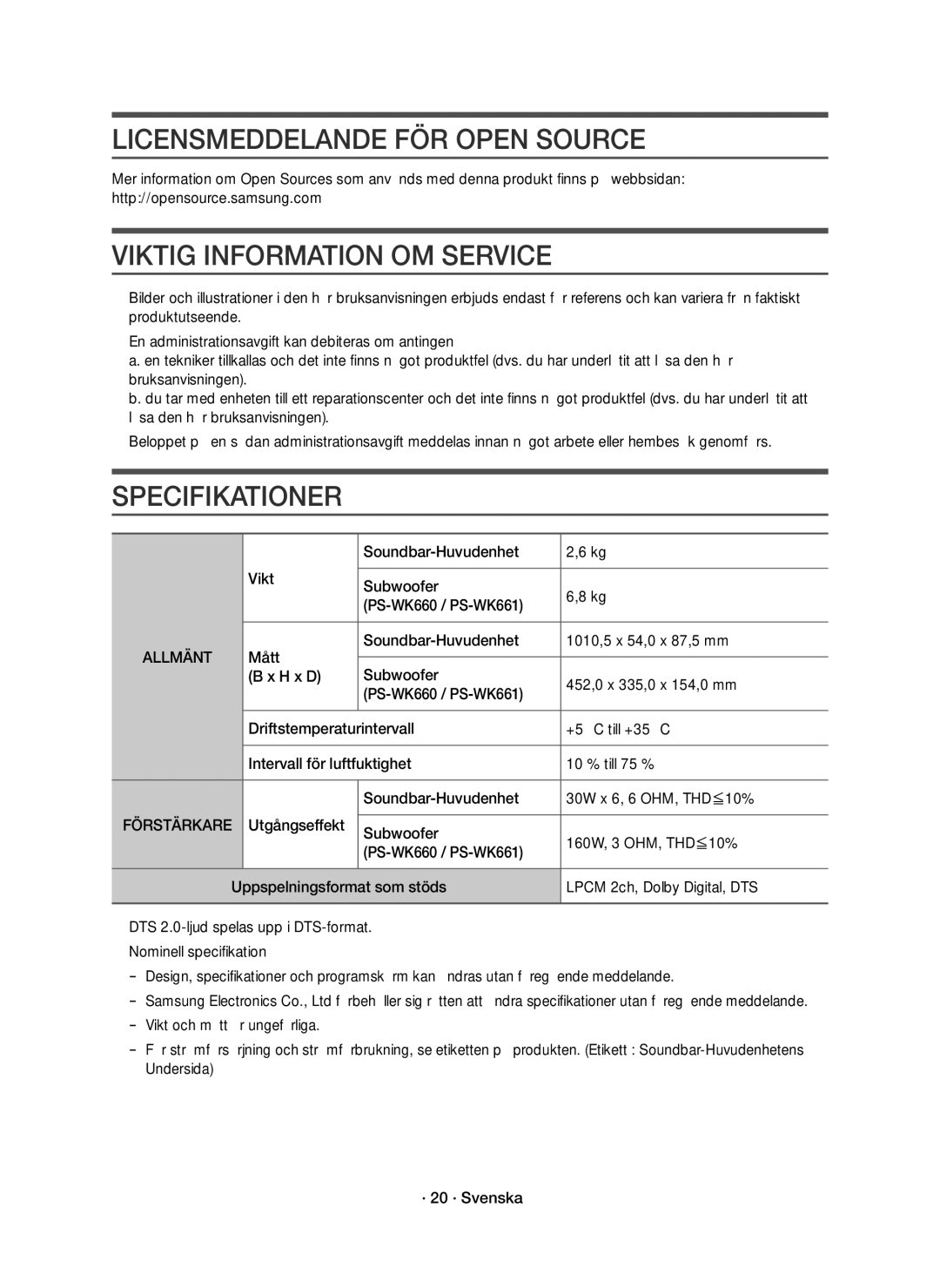 Samsung HW-K660/XE, HW-K661/XE manual Licensmeddelande FÖR Open Source, Viktig Information OM Service 