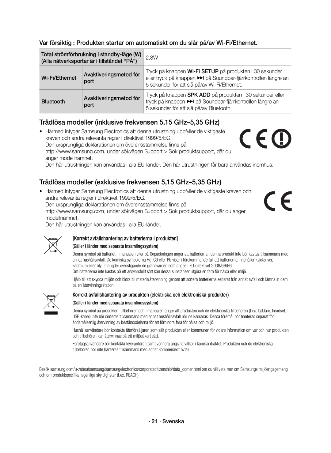 Samsung HW-K661/XE manual Trådlösa modeller inklusive frekvensen 5,15 GHz-5,35 GHz, På Soundbar-fjärrkontrollen längre än 