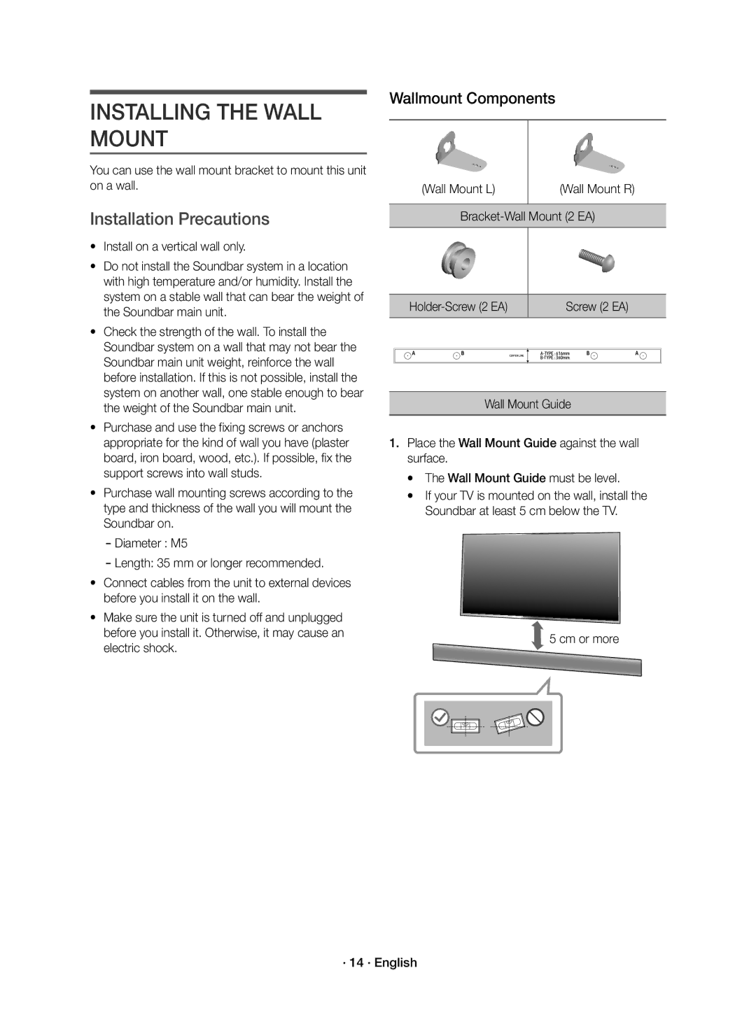 Samsung HW-K660/XE, HW-K661/XE manual Installing the Wall Mount, Installation Precautions, Wallmount Components 