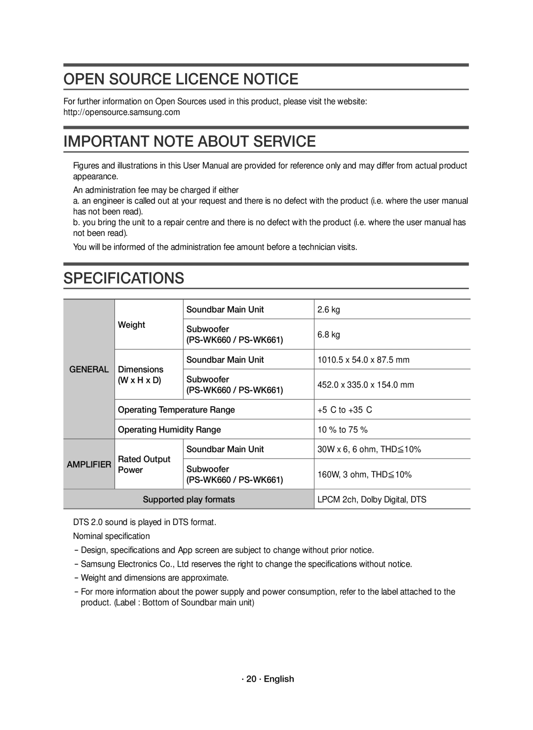 Samsung HW-K660/XE, HW-K661/XE manual Open Source Licence Notice, Important Note about Service, Specifications, Amplifier 