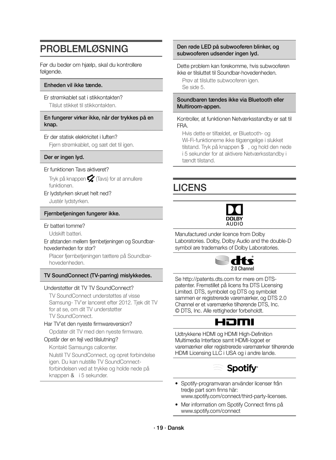 Samsung HW-K661/XE, HW-K660/XE manual Problemløsning, Licens 