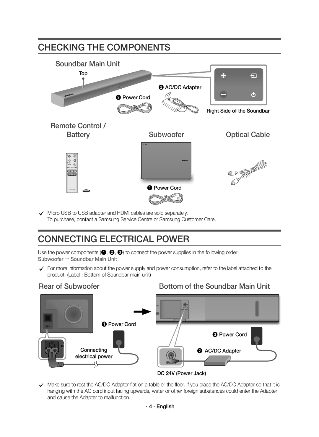 Samsung HW-K660/XE Rear of Subwoofer Bottom of the Soundbar Main Unit, Top AC/DC Adapter Power Cord, DC 24V Power Jack 