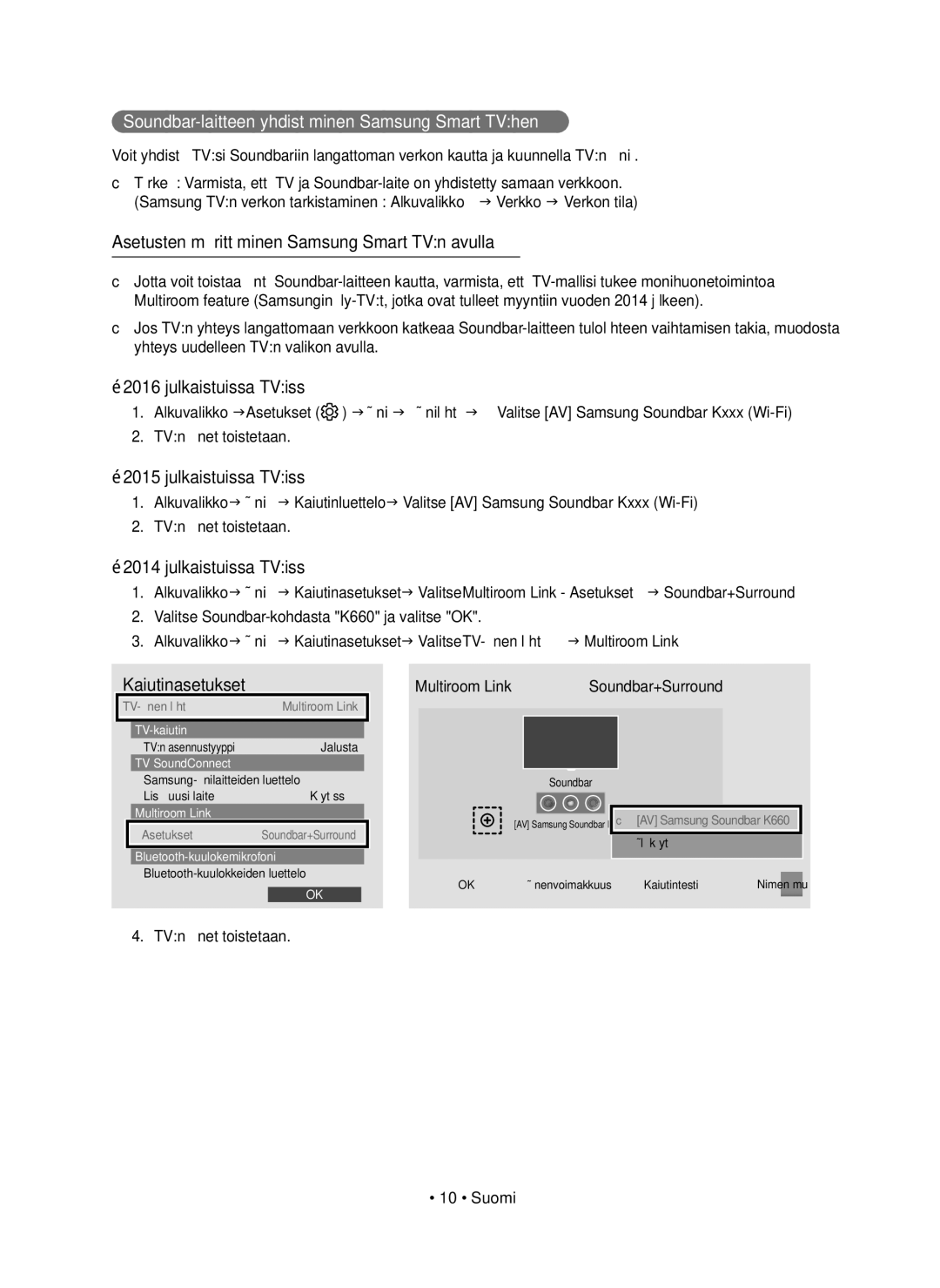 Samsung HW-K660/XE, HW-K661/XE manual Soundbar-laitteen yhdistäminen Samsung Smart TVhen, TVn äänet toistetaan · 10 · Suomi 