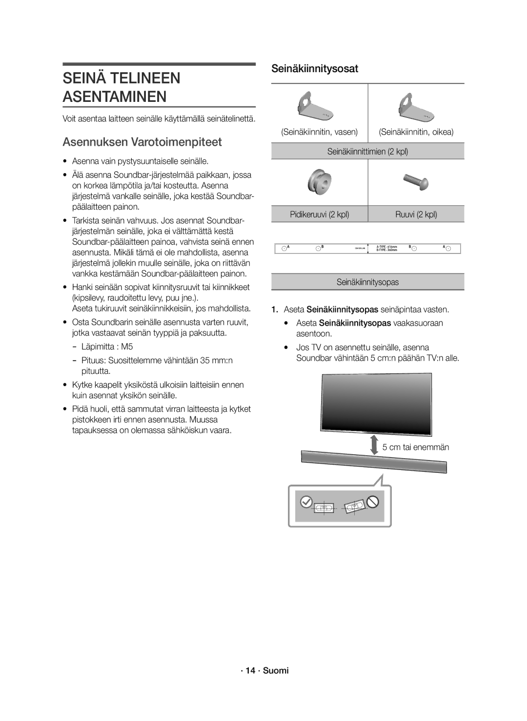 Samsung HW-K660/XE, HW-K661/XE manual Seinä Telineen Asentaminen, Asennuksen Varotoimenpiteet, Seinäkiinnitysosat 