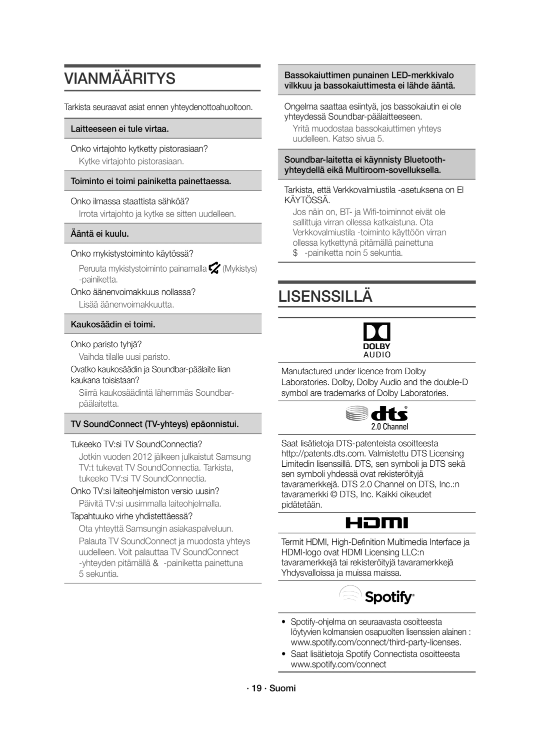 Samsung HW-K661/XE, HW-K660/XE manual Vianmääritys, Lisenssillä 