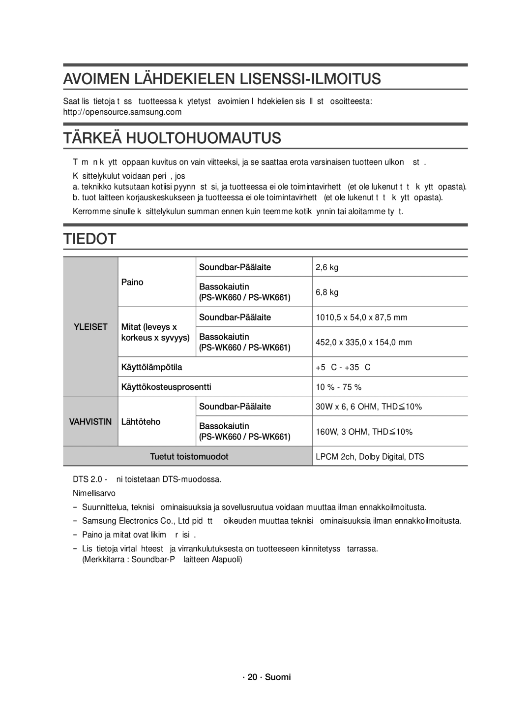 Samsung HW-K660/XE, HW-K661/XE manual Avoimen Lähdekielen LISENSSI-ILMOITUS, Tärkeä Huoltohuomautus, Tiedot 