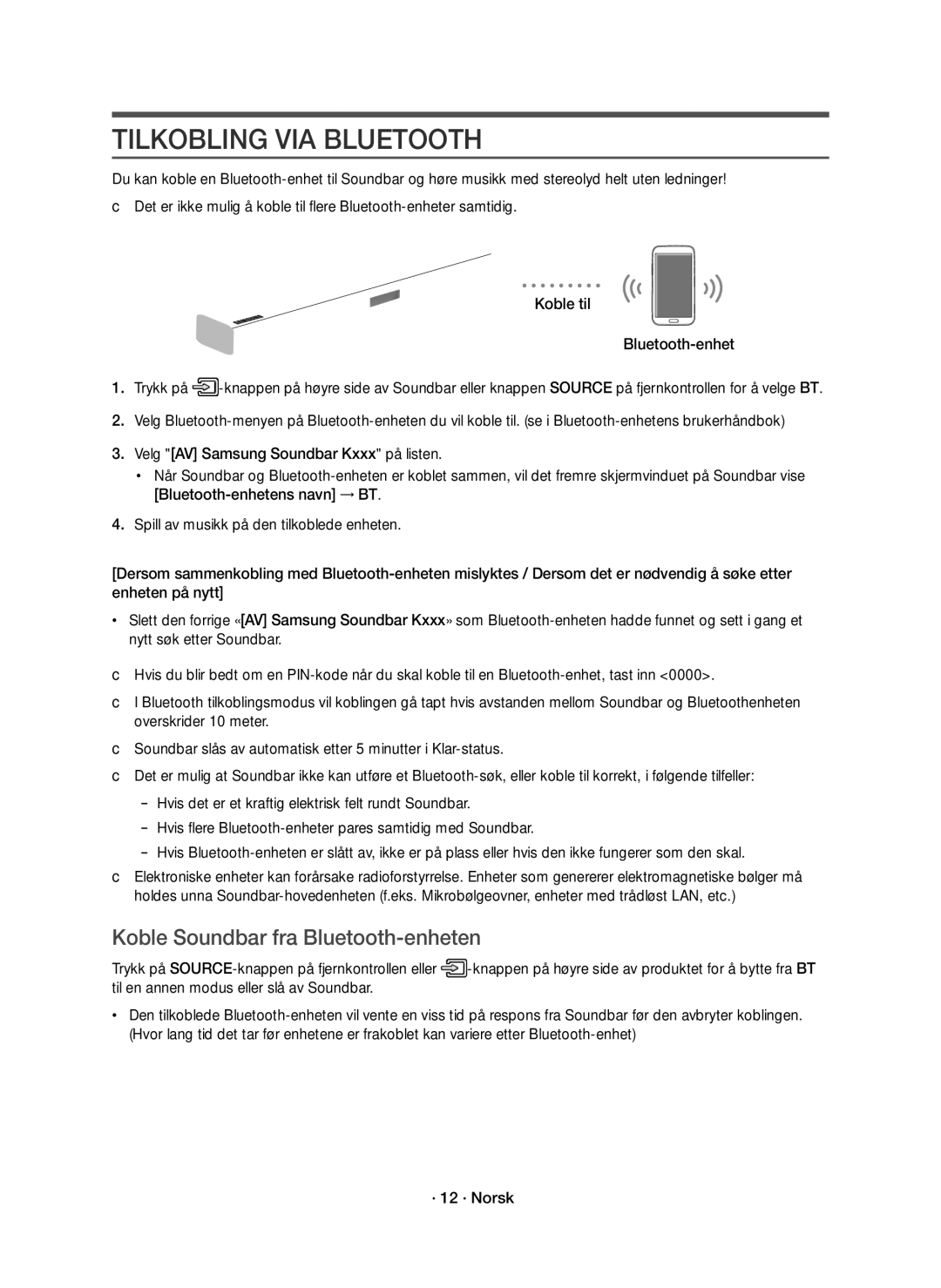 Samsung HW-K660/XE, HW-K661/XE manual Tilkobling VIA Bluetooth, Koble Soundbar fra Bluetooth-enheten 