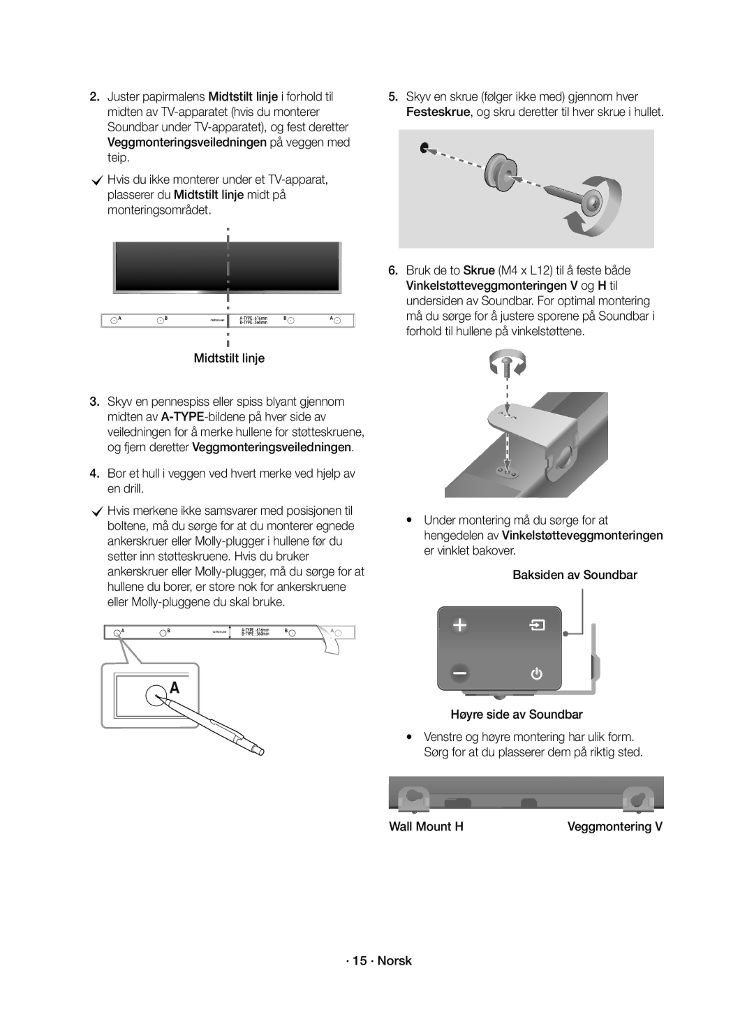 Samsung HW-K661/XE manual Midtstilt linje, Bor et hull i veggen ved hvert merke ved hjelp av en drill, Baksiden av Soundbar 