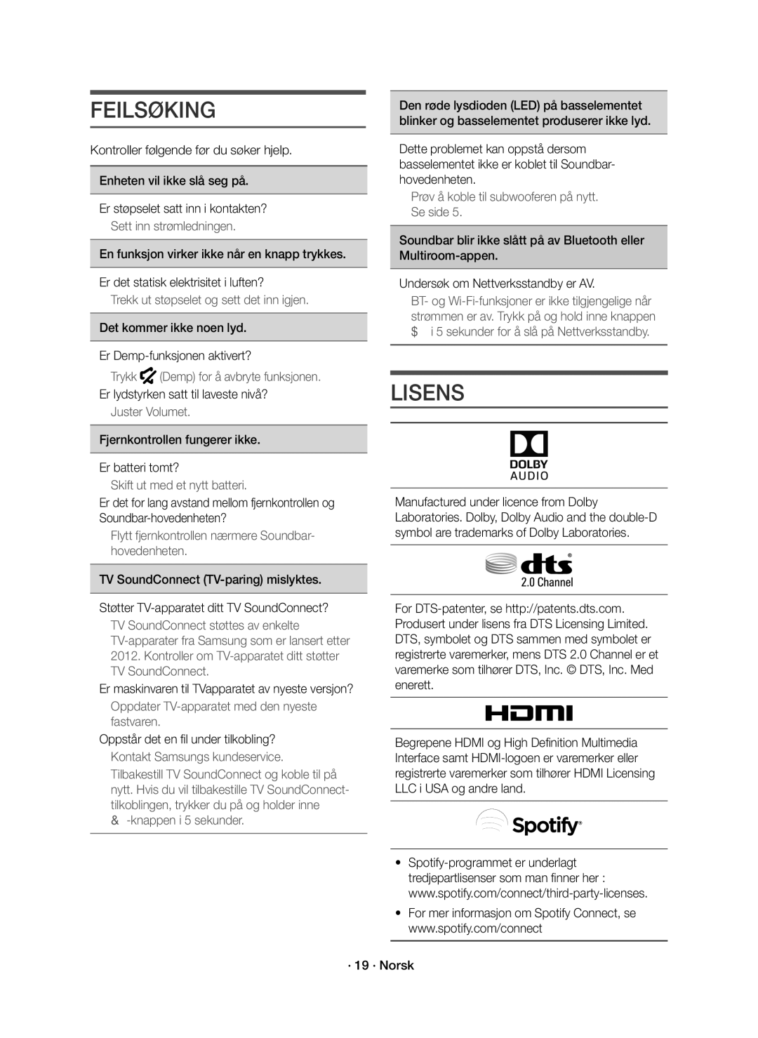 Samsung HW-K661/XE, HW-K660/XE manual Feilsøking, Lisens 