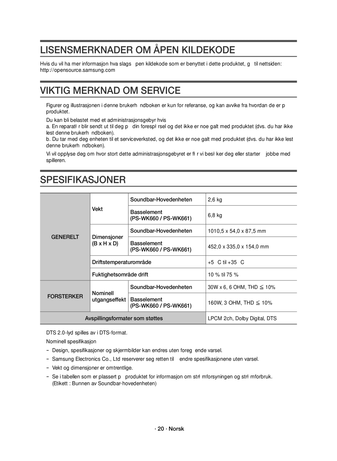 Samsung HW-K660/XE, HW-K661/XE Lisensmerknader OM Åpen Kildekode, Viktig Merknad OM Service, Spesifikasjoner, Forsterker 