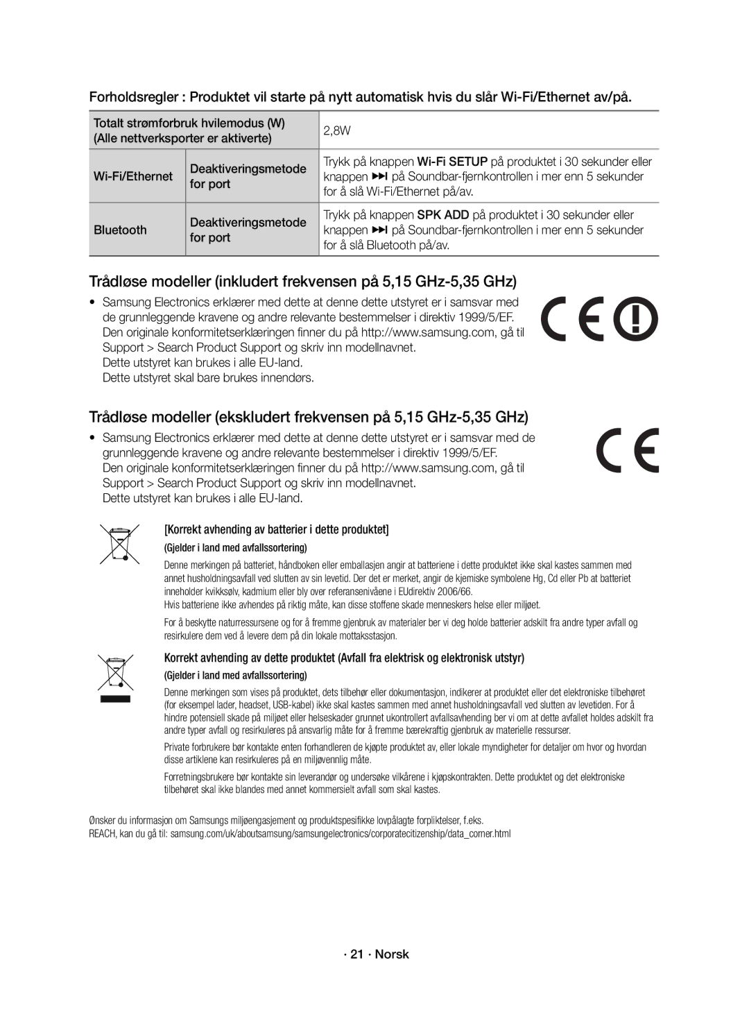 Samsung HW-K661/XE manual Trådløse modeller inkludert frekvensen på 5,15 GHz-5,35 GHz, For port For å slå Bluetooth på/av 