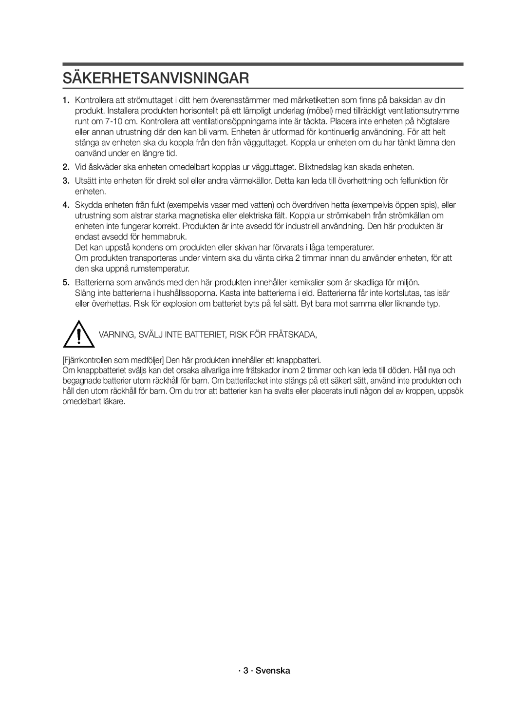 Samsung HW-K661/XE, HW-K660/XE manual Säkerhetsanvisningar, VARNING, Svälj Inte BATTERIET, Risk FÖR Frätskada 