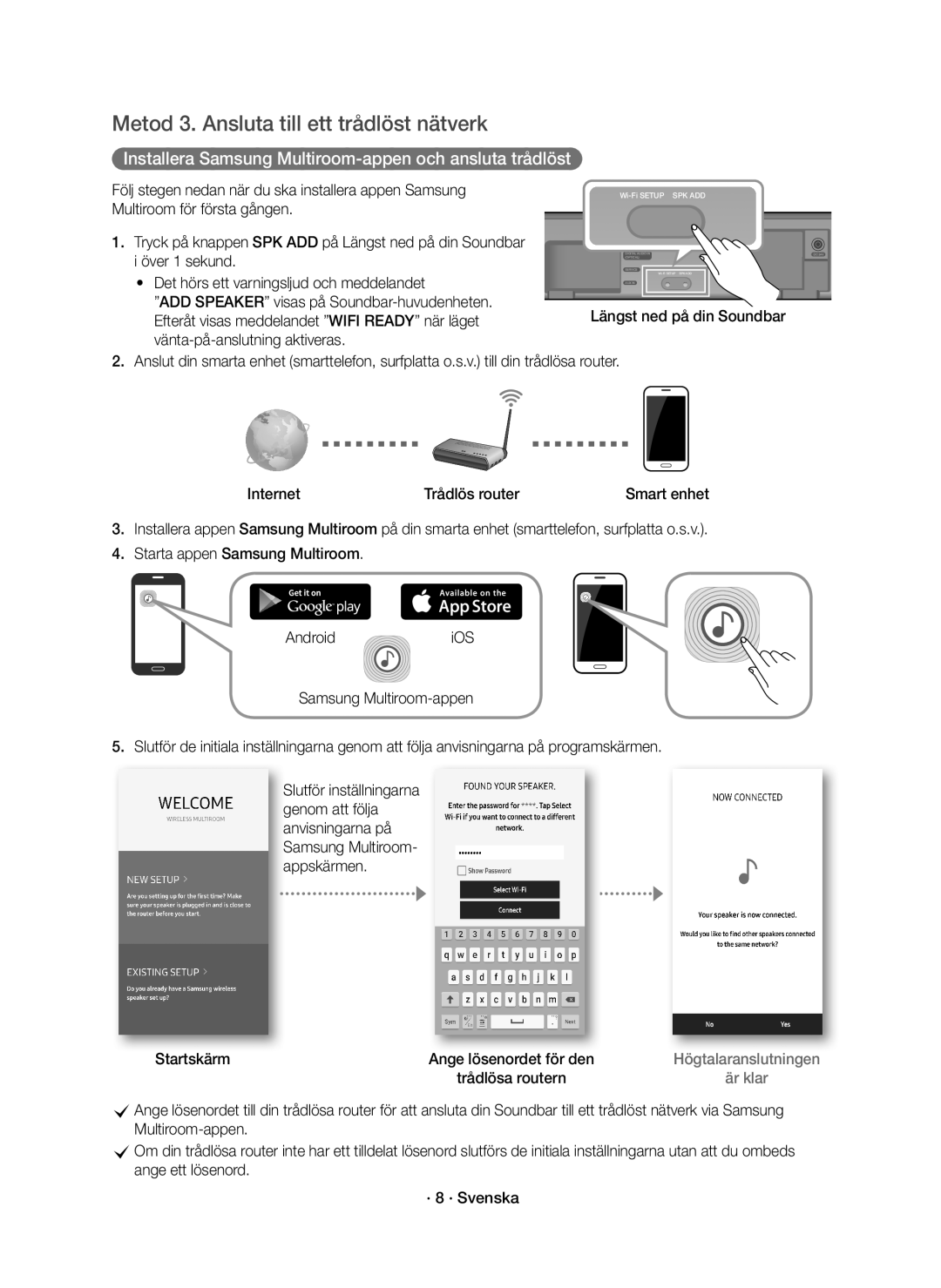 Samsung HW-K660/XE, HW-K661/XE manual Metod 3. Ansluta till ett trådlöst nätverk, Startskärm 