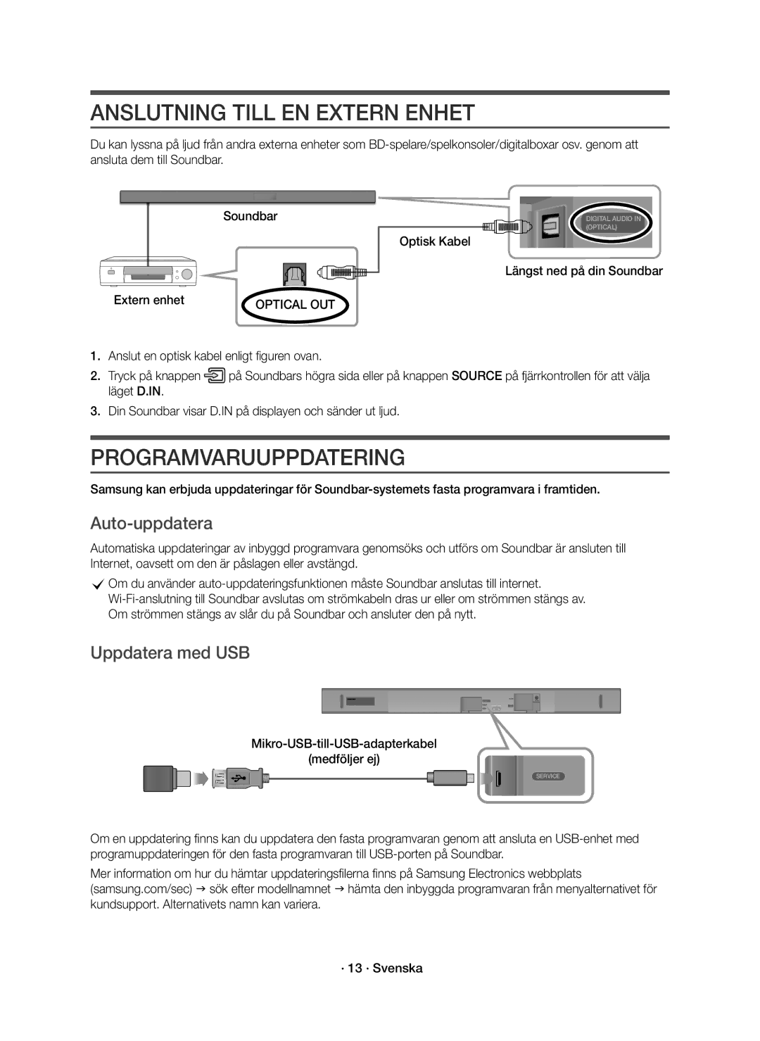 Samsung HW-K661/XE, HW-K660/XE Anslutning Till EN Extern Enhet, Programvaruuppdatering, Auto-uppdatera, Uppdatera med USB 