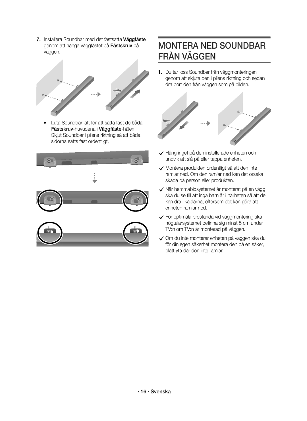 Samsung HW-K660/XE, HW-K661/XE manual Montera NED Soundbar Från Väggen 