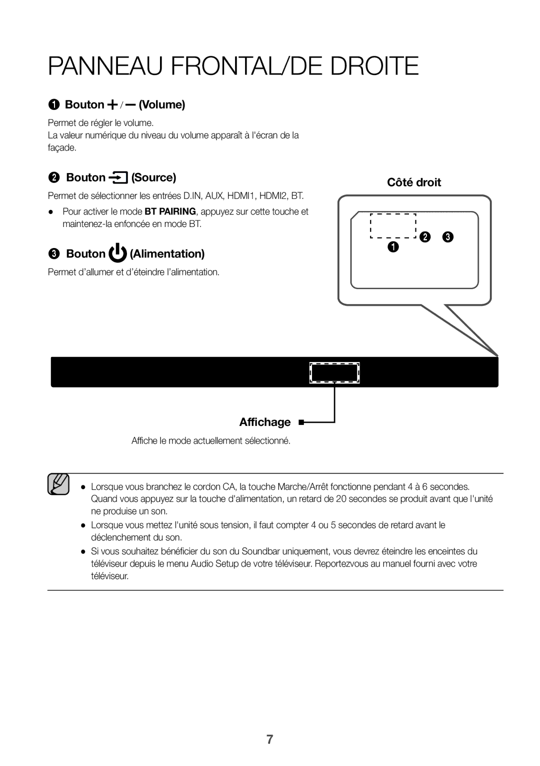 Samsung HW-K850/EN, HW-K850/XN manual Panneau frontal/de droite, Maintenez-la enfoncée en mode BT 