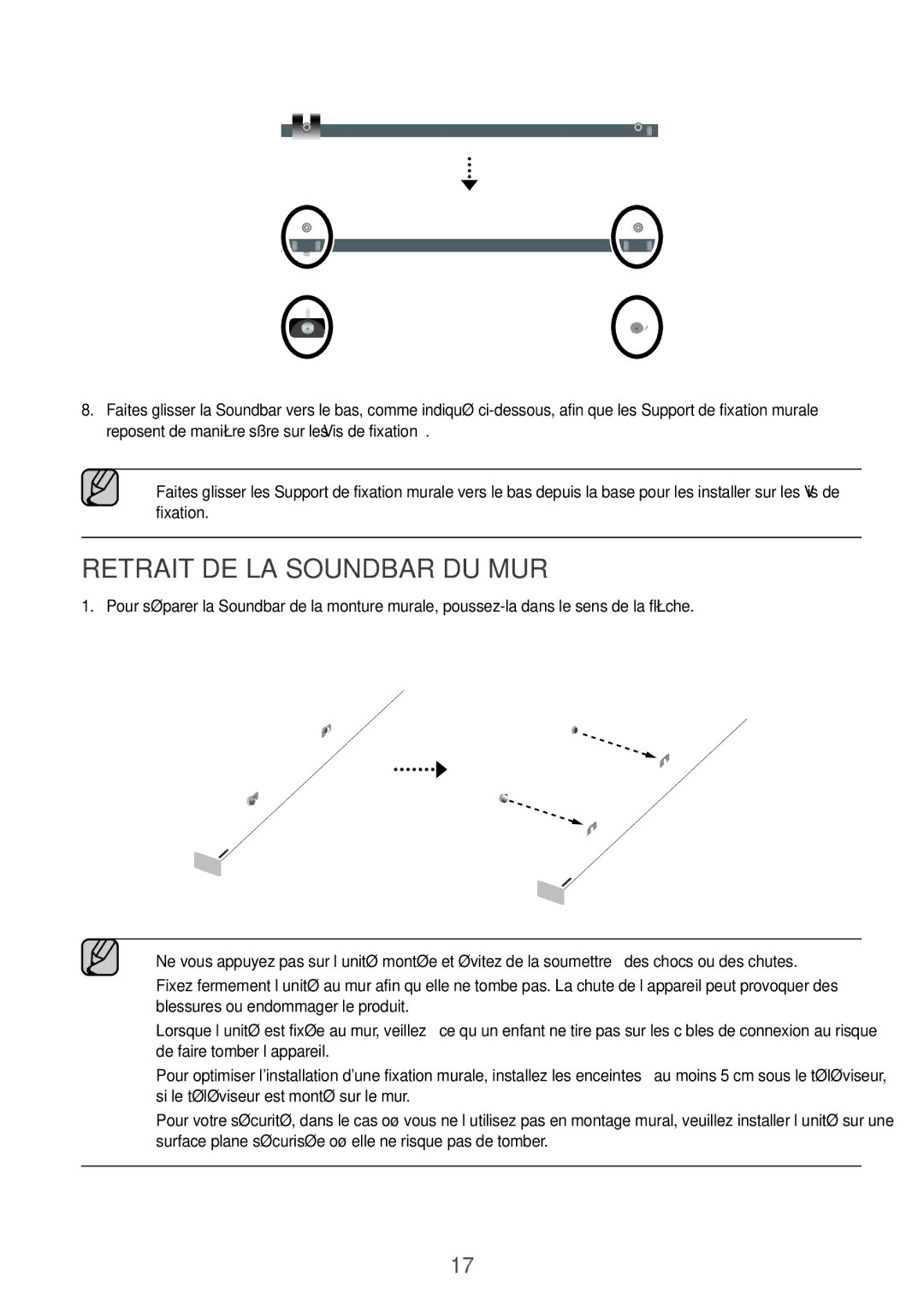 Samsung HW-K850/EN, HW-K850/XN manual Retrait de la soundbar du mur 