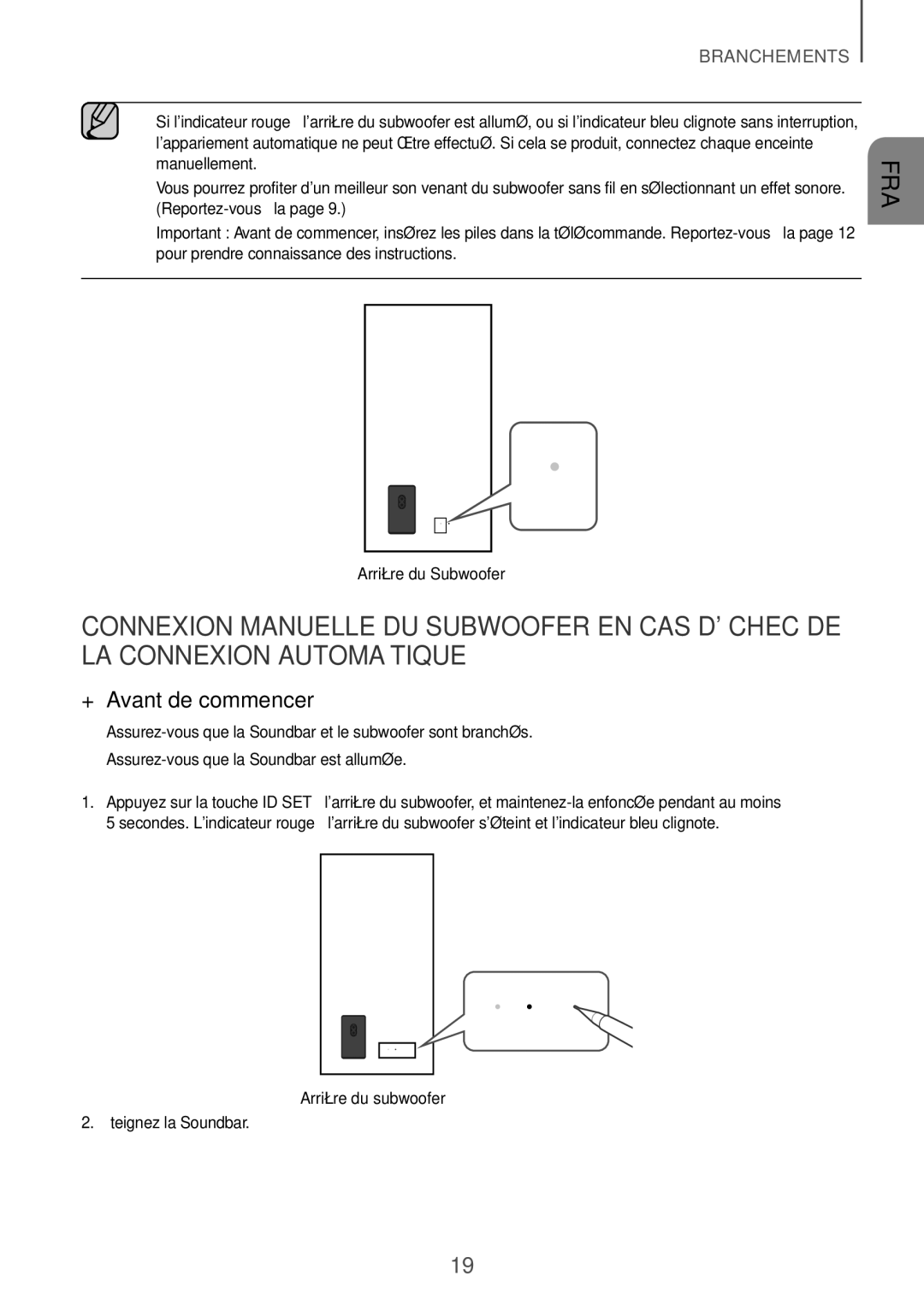 Samsung HW-K850/EN, HW-K850/XN manual ++Avant de commencer, Arrière du Subwoofer, Éteignez la Soundbar 