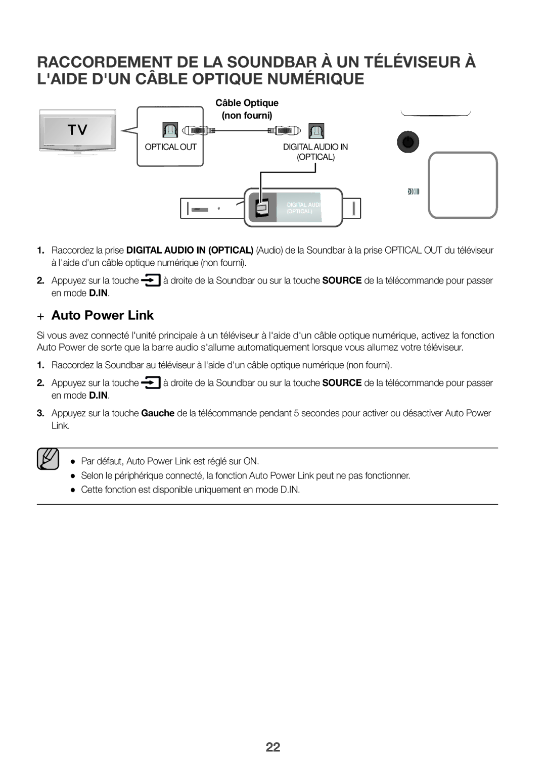 Samsung HW-K850/XN, HW-K850/EN manual Câble Optique Non fourni, En mode D.IN 