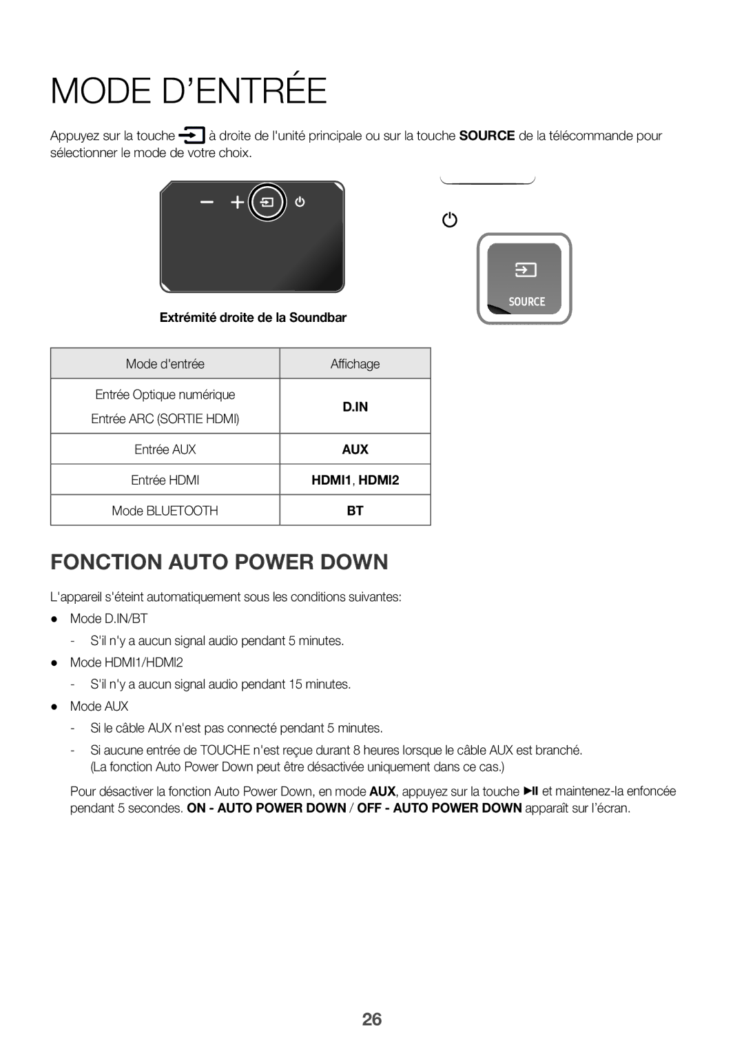 Samsung HW-K850/XN, HW-K850/EN manual Mode D’entrée, Fonction Auto Power Down, Mode dentrée Affichage 