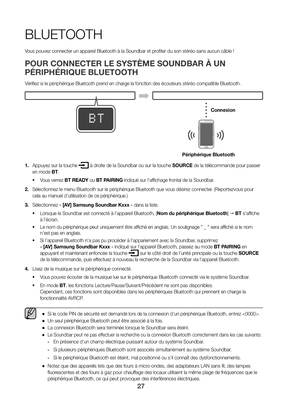 Samsung HW-K850/EN, HW-K850/XN manual Connexion Périphérique Bluetooth Appuyez sur la touche, En mode BT 