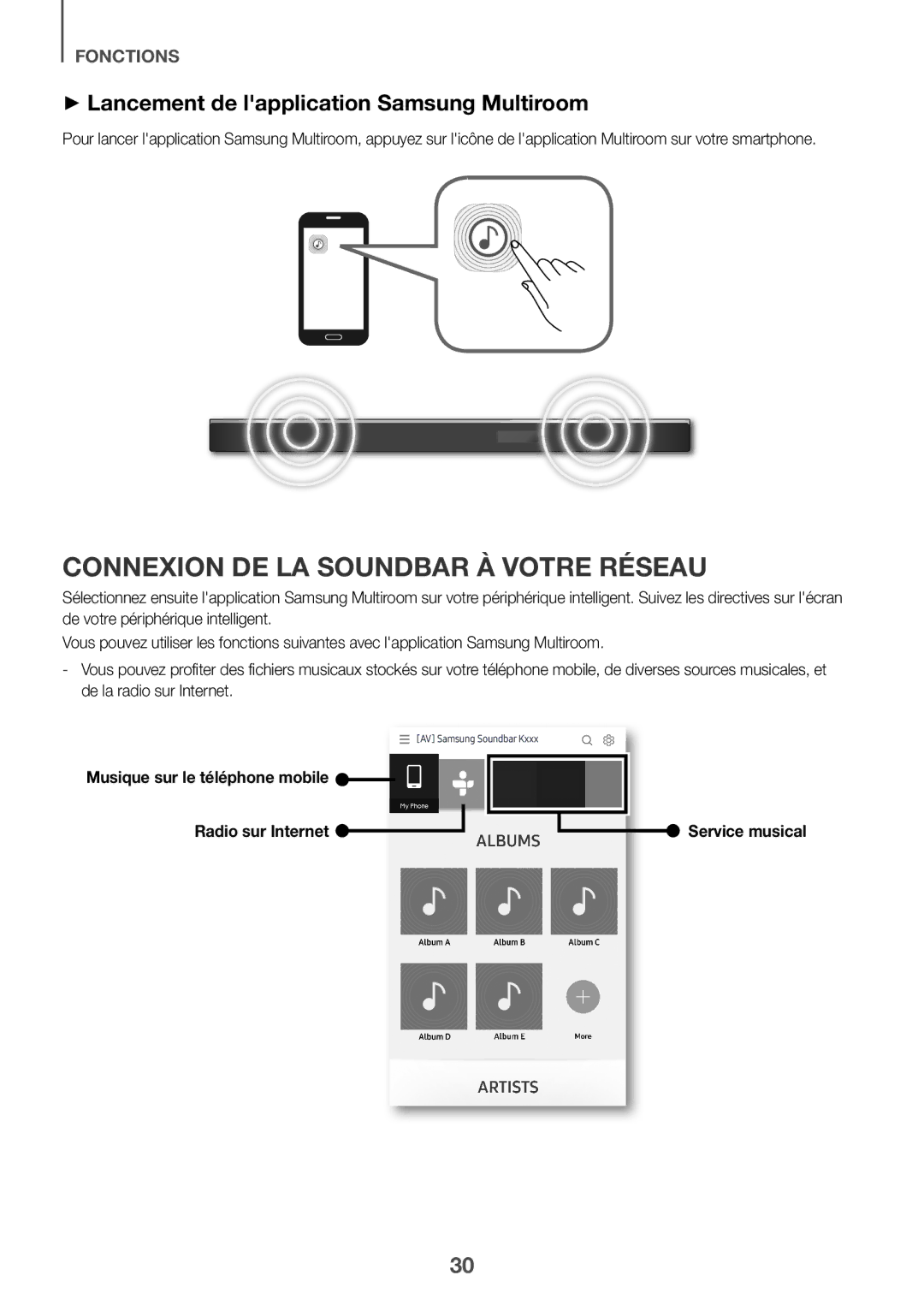 Samsung HW-K850/XN Connexion de la Soundbar à votre réseau, ++Lancement de lapplication Samsung Multiroom, Service musical 