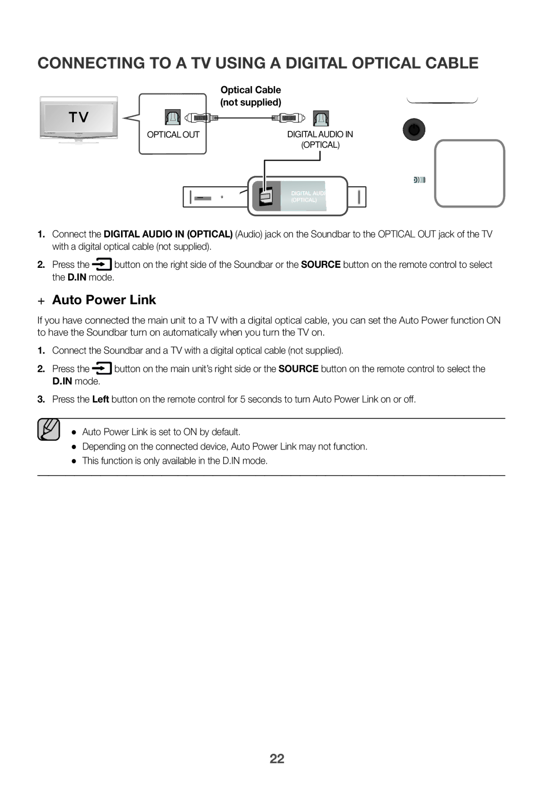 Samsung HW-K850/EN Connecting to a TV Using a Digital Optical Cable, ++Auto Power Link, Optical Cable not supplied, Mode 