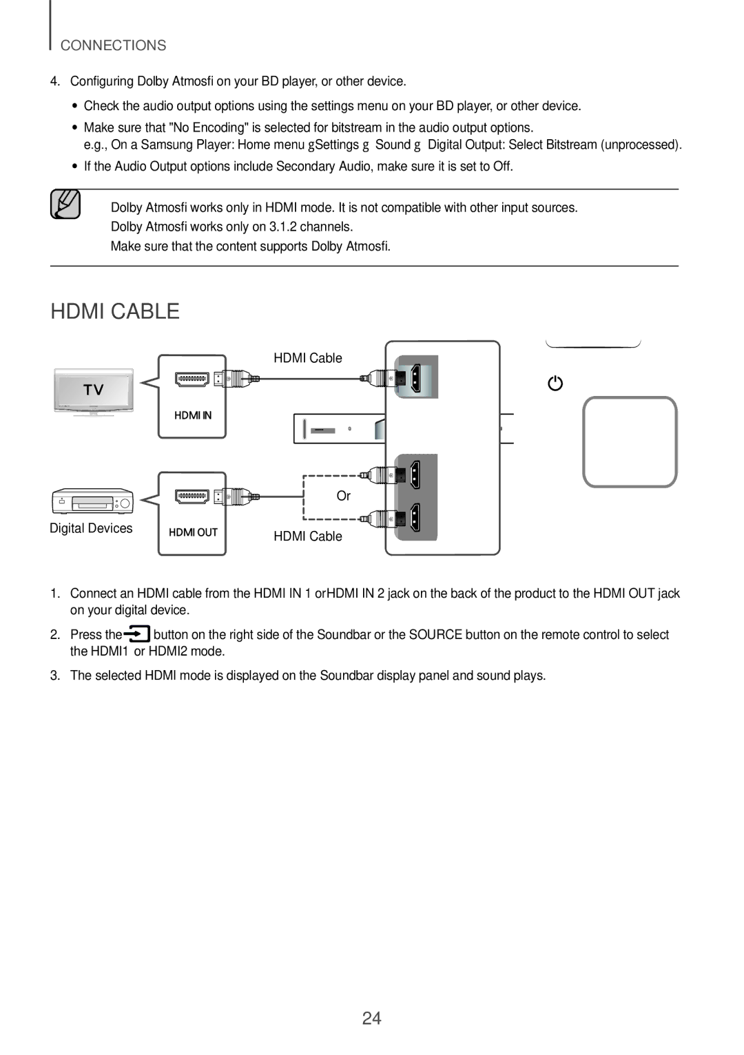 Samsung HW-K850/EN, HW-K850/XN manual Hdmi Cable, Configuring Dolby Atmos on your BD player, or other device 