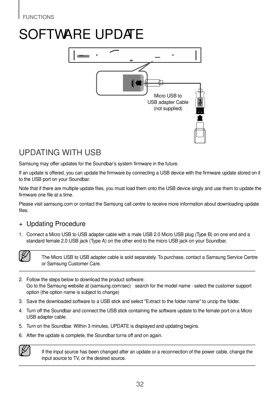 Samsung HW-K850/EN Software Update, Updating with USB, ++Updating Procedure, Micro USB to USB adapter Cable Not supplied 