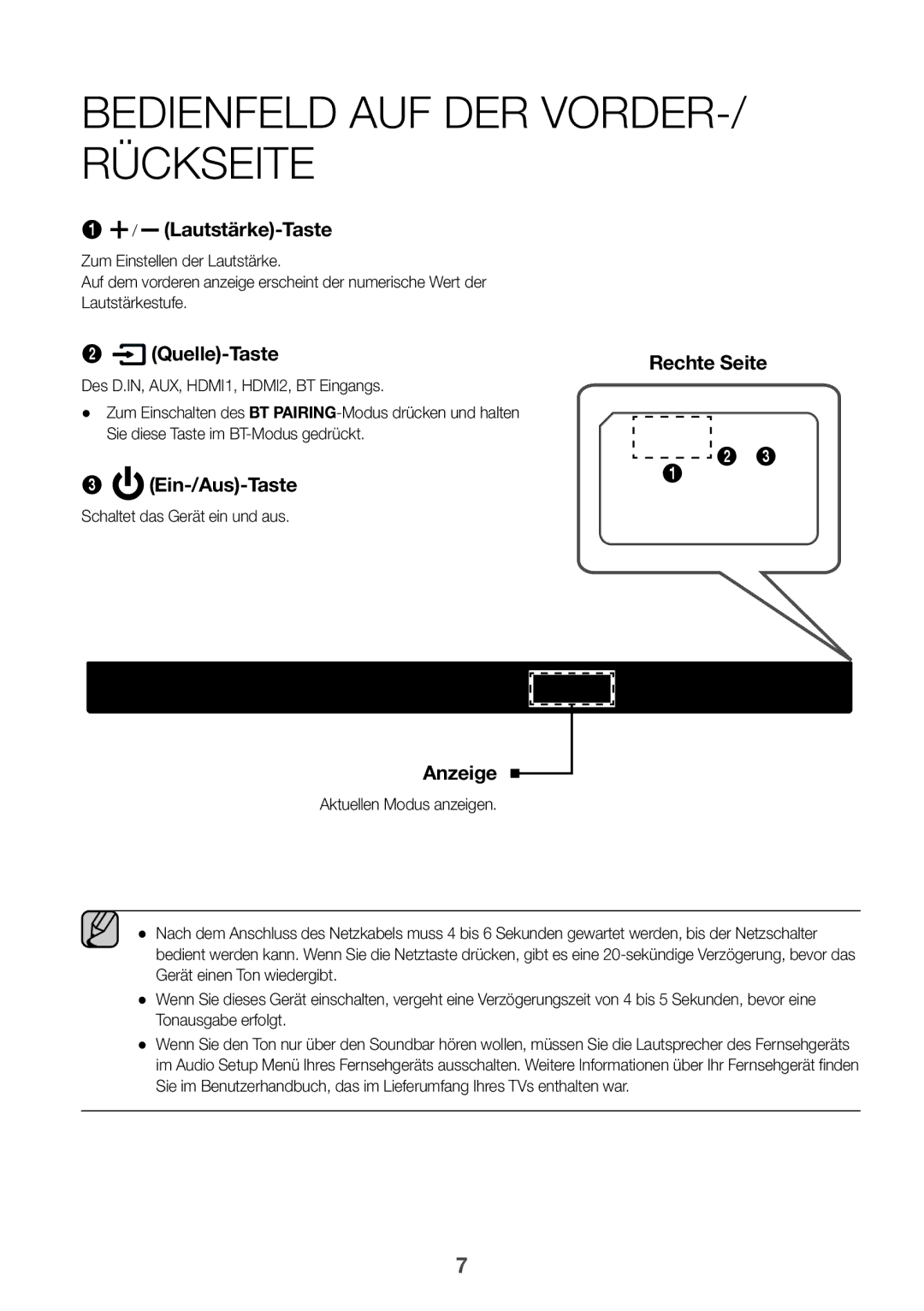 Samsung HW-K850/EN, HW-K850/XN manual Bedienfeld auf der Vorder-/ Rückseite, Des D.IN, AUX, HDMI1, HDMI2, BT Eingangs 