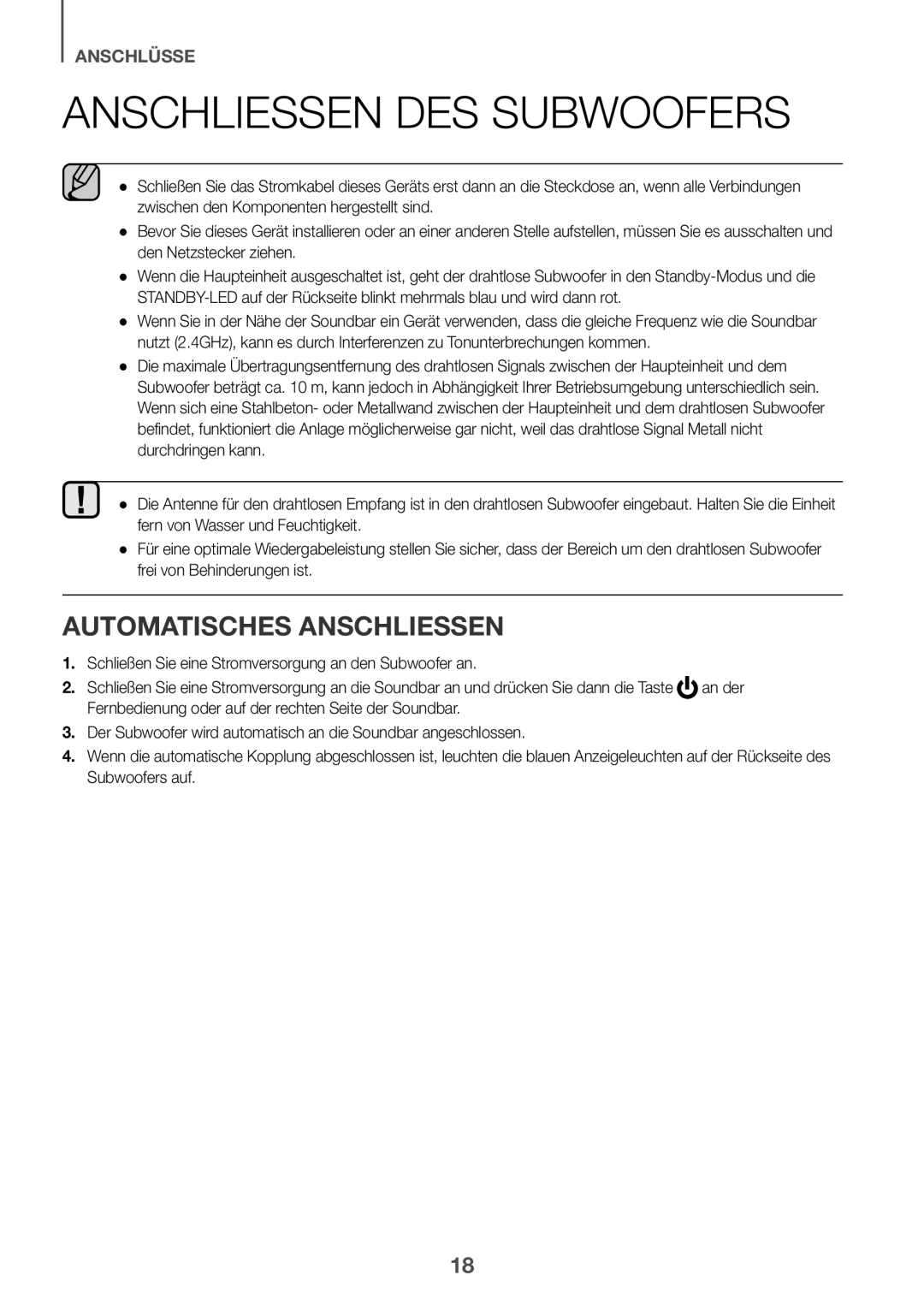 Samsung HW-K850/XN, HW-K850/EN manual Anschliessen des subwoofers, Automatisches AnschlieSSen 