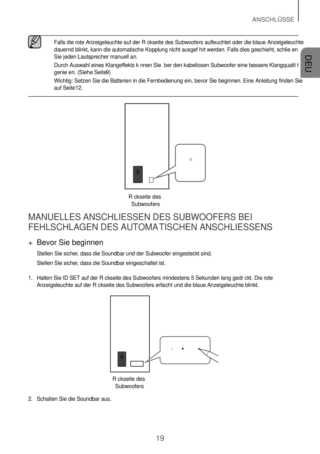 Samsung HW-K850/EN, HW-K850/XN manual ++Bevor Sie beginnen, Rückseite des Subwoofers, Schalten Sie die Soundbar aus 