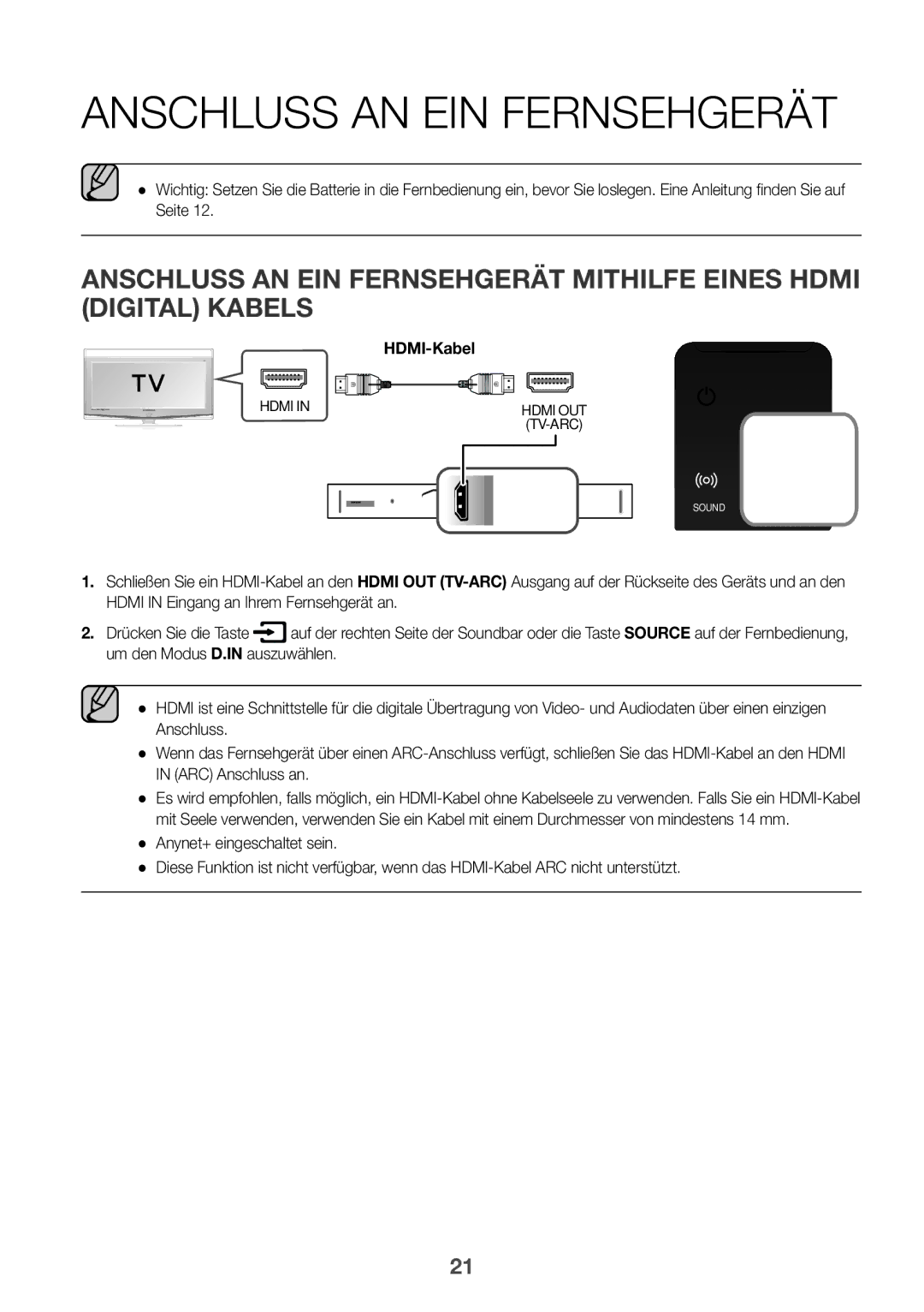 Samsung HW-K850/EN, HW-K850/XN manual Anschluss an ein Fernsehgerät, HDMI-Kabel 