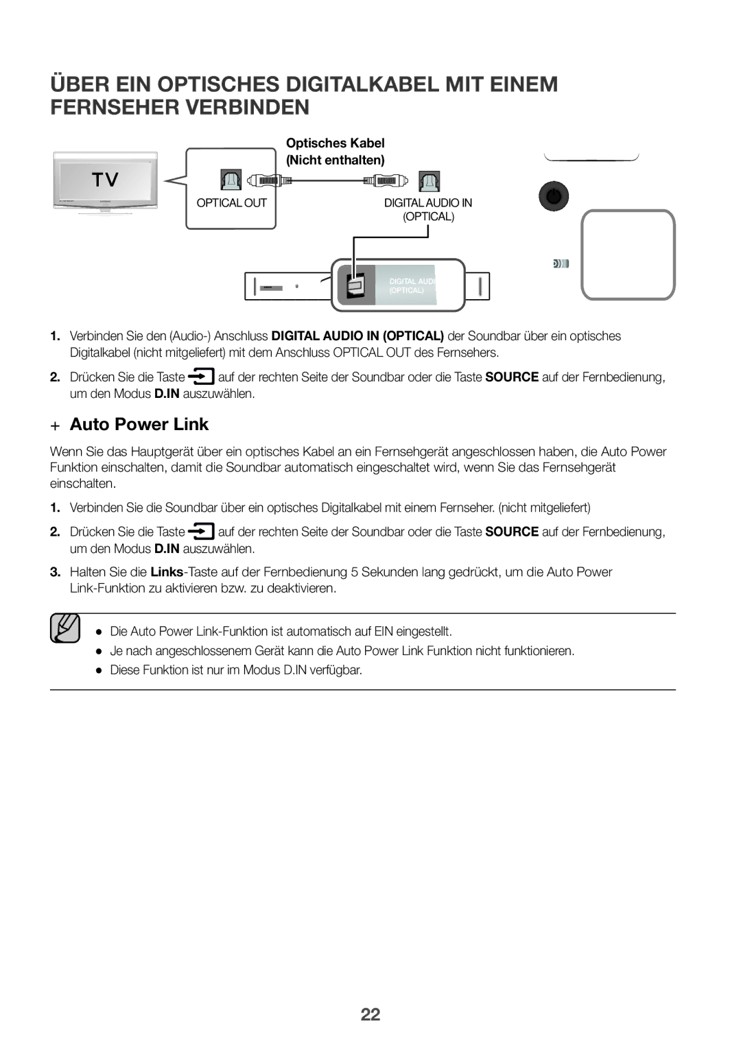 Samsung HW-K850/XN, HW-K850/EN manual Optisches Kabel Nicht enthalten 