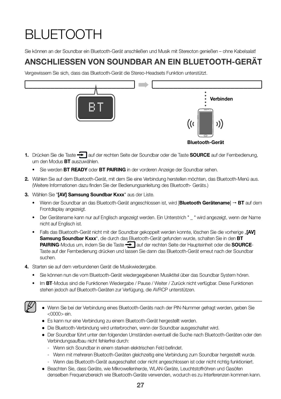 Samsung HW-K850/EN AnschlieSSen von Soundbar an ein Bluetooth-Gerät, Verbinden Bluetooth-Gerät, Drücken Sie die Taste 