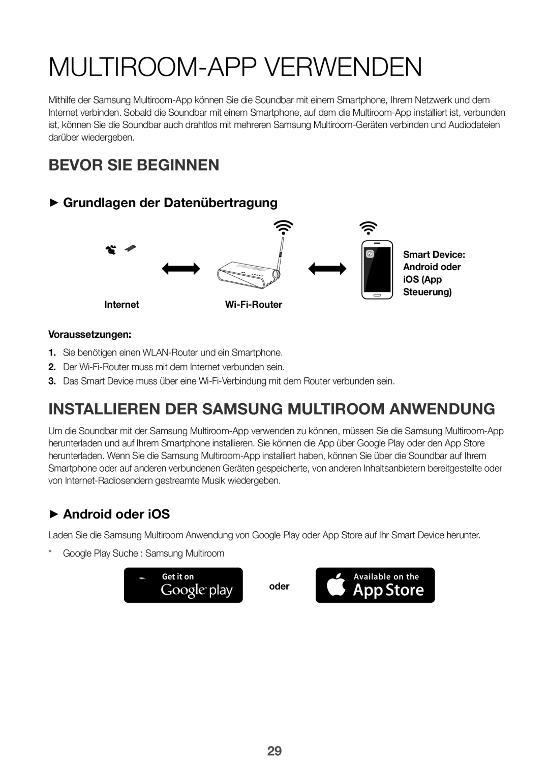 Samsung HW-K850/EN, HW-K850/XN Multiroom-App verwenden, Bevor Sie beginnen, Installieren der Samsung Multiroom Anwendung 