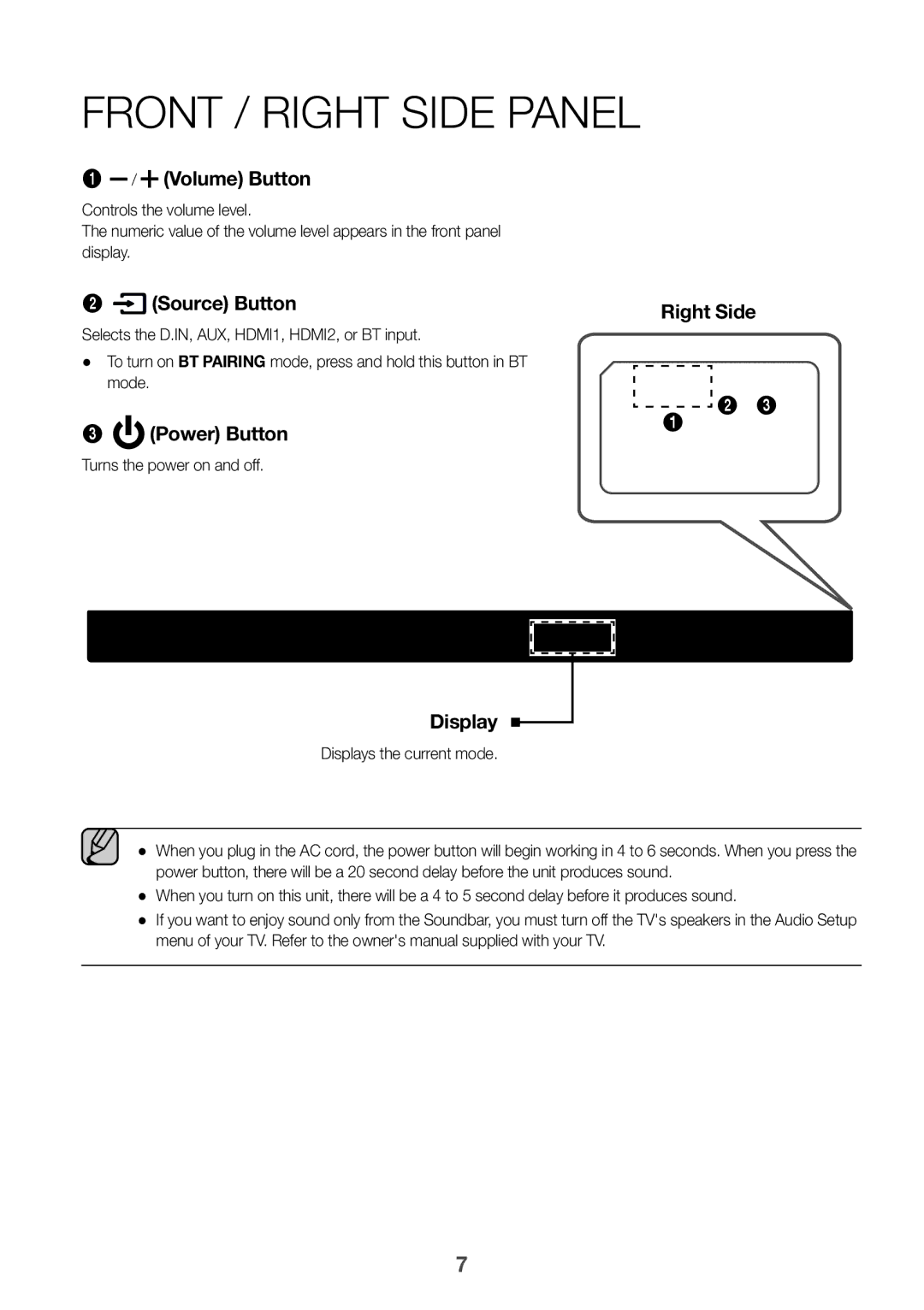 Samsung HW-K850/XN Front / Right Side Panel, Selects the D.IN, AUX, HDMI1, HDMI2, or BT input, Turns the power on and off 